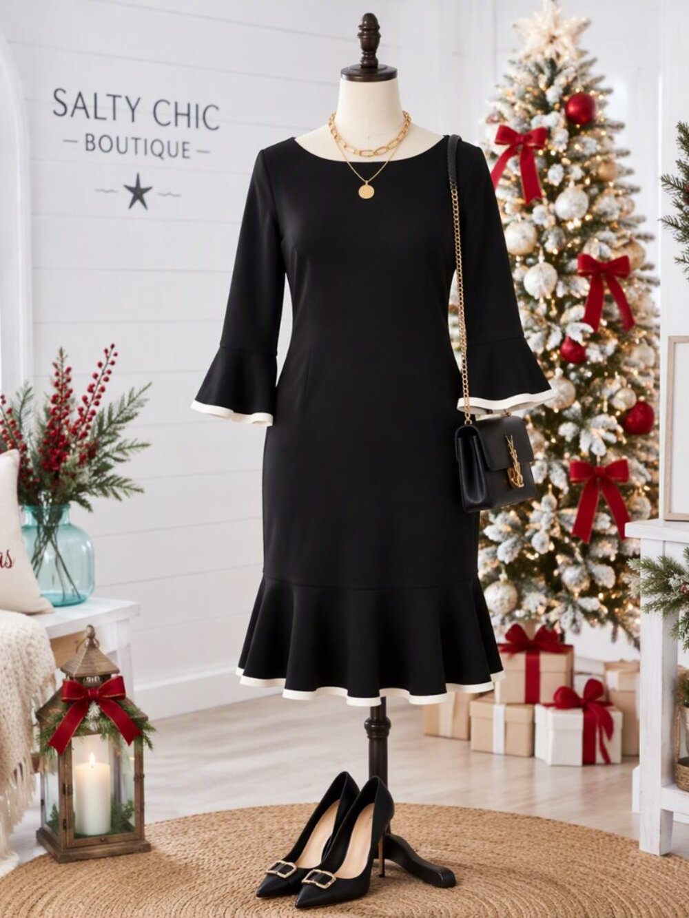 AGB Black Midi Dress Long Bell Sleeves White Trim Ruffle Hem